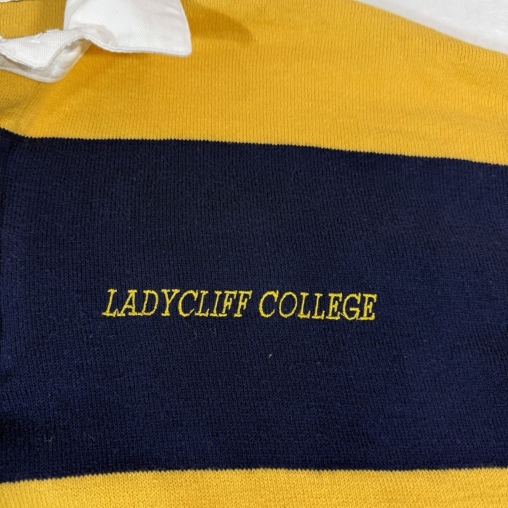 Vtg Dehen Ladycliff College Rugby Polo Shirt Mens LG Colorblock LS Yellow Navy - Picture 7 of 10